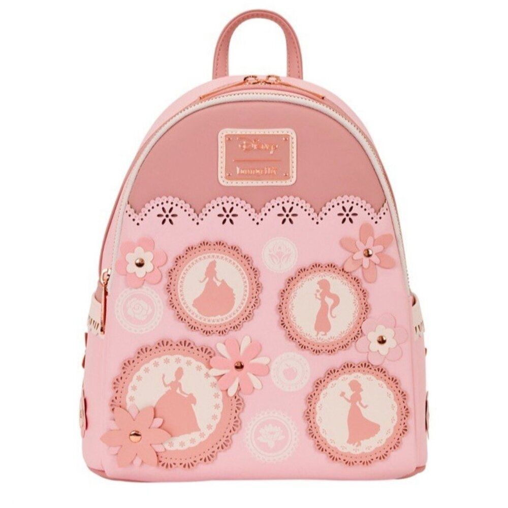 Loungefly Disney Princess Silhouettes Floral Lace Pink Backpack Belle Snow NWT